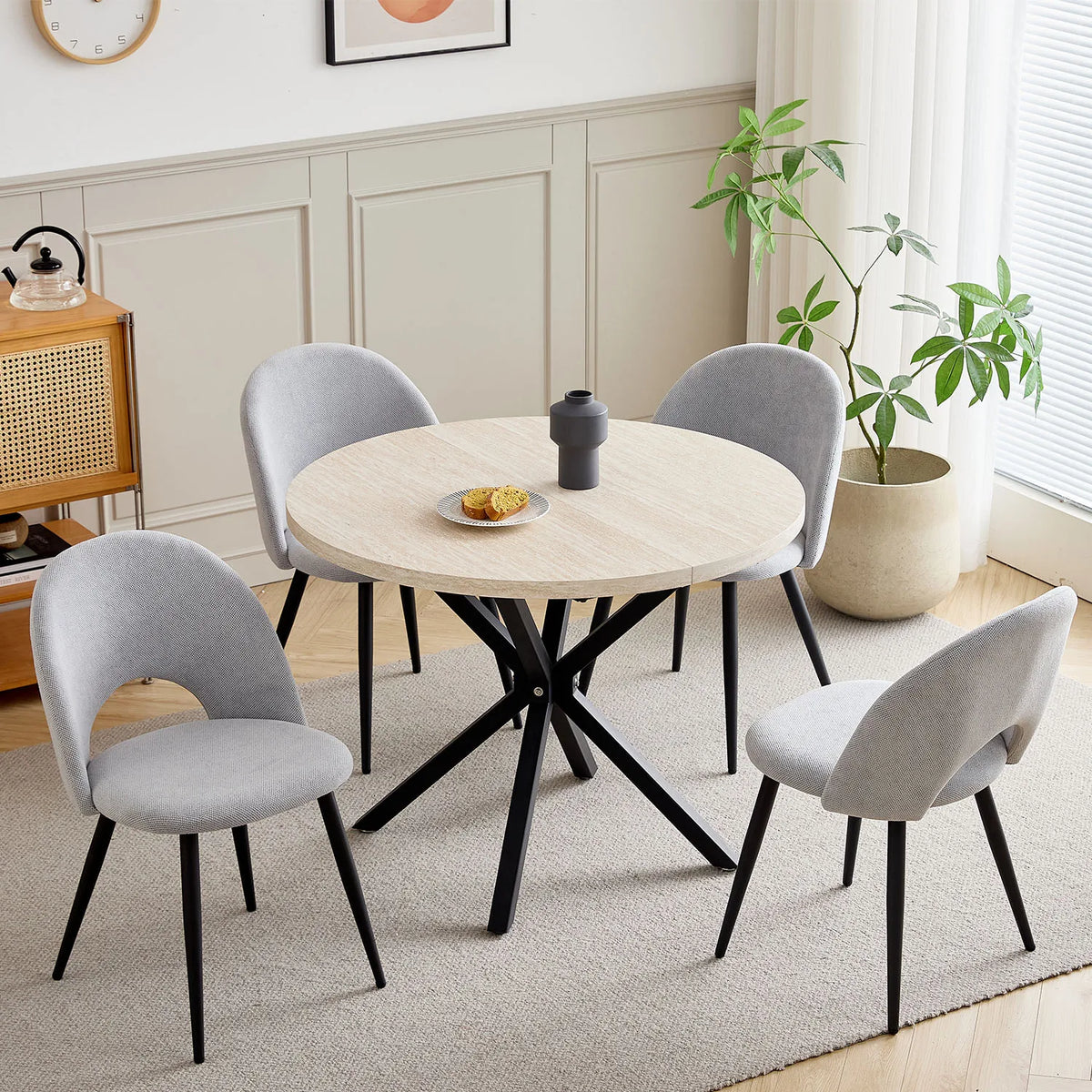 Tavolo da pranzo rotondo in stile nordico EGOONM, 100 cm, piano in MDF, gambe in metallo nero, ideale per sala da pranzo, cucina e arredamento della casa.