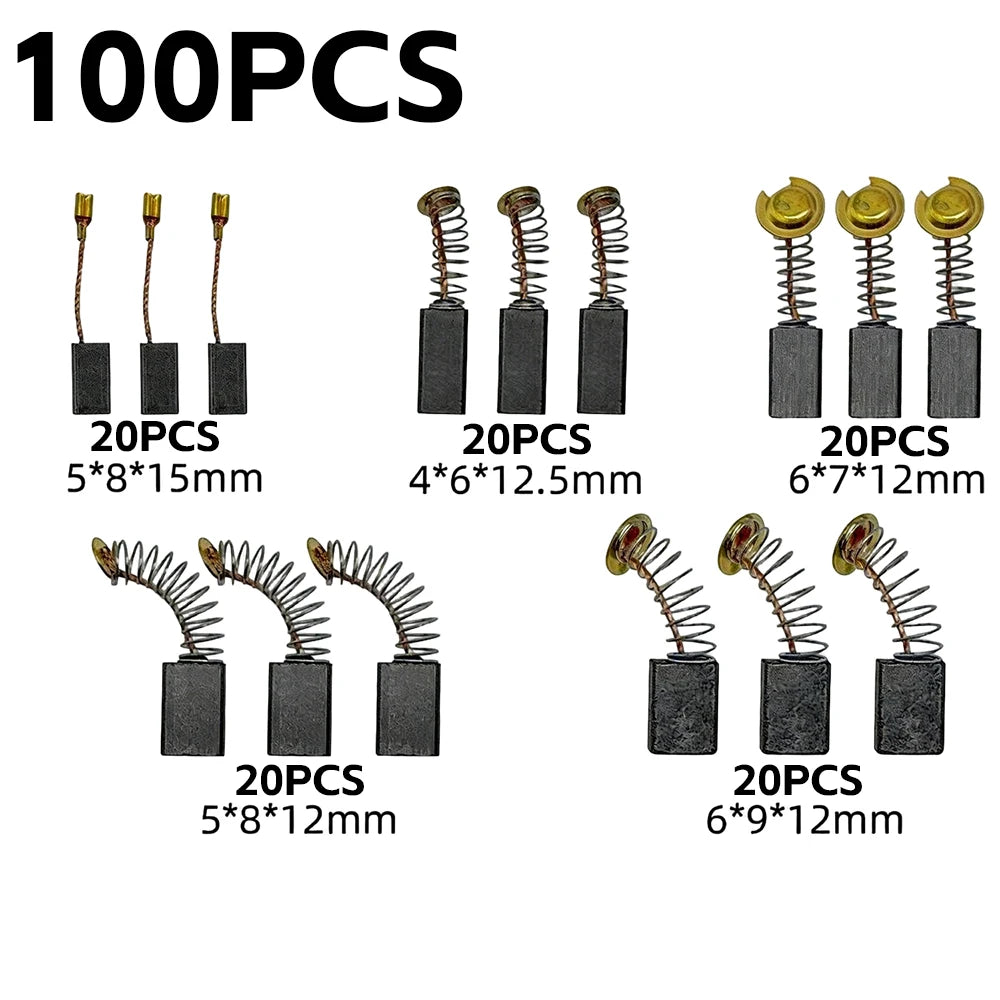 Kit di Riparazione con 100/50x Spazzole di Carbone, Parti di Ricambio per Utensili Elettrici, Adattamento Universale, Set Misto di Spazzole di Carbone