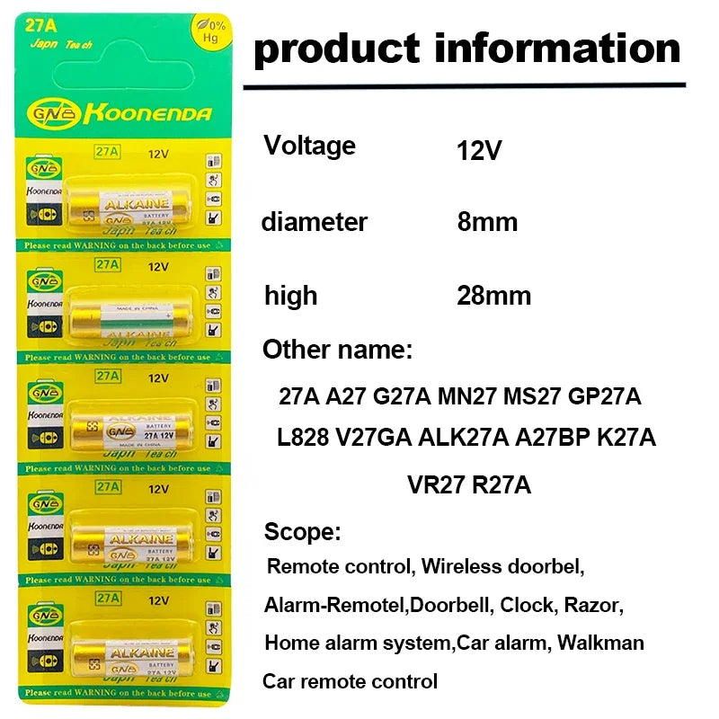 Batteria Alcalina 12V 27A L828 G27A MN27 MS27 GP27A A27 V27GA A27BP K27A VR27 per Campanelli, Allarmi, Telecomandi, Mouse