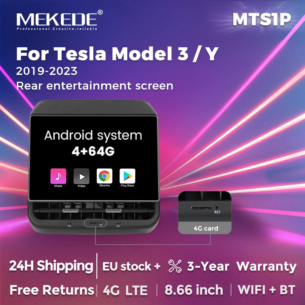Mekede Sistema Multimediale di Intrattenimento Android da 8,66 Pollici 4GB 64GB con Controllo Touch per Tesla Model 3/Y, Regolazione Sedile, Controllo Climatizzatore, Supporto YouTube Netflix 4G LTE WiFi, Lettore Video Multim