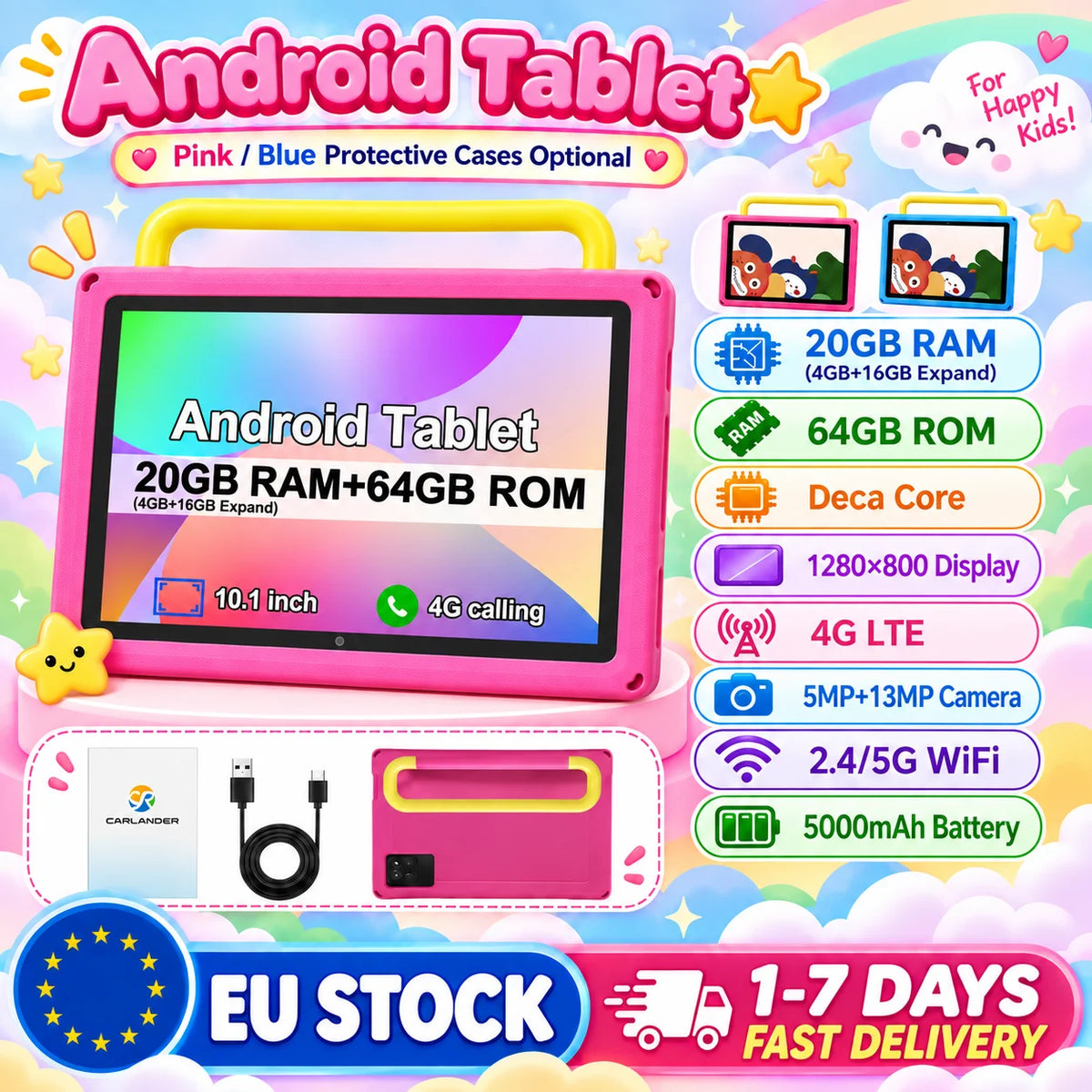 KOOMDIGI Tablet PC Android 13 da 10,1 pollici, 20 GB di RAM (4 GB + 16 GB espandibili), 64 GB di ROM, processore Deca Core, chiamate 4G LTE, display HD 1280×800, WiFi 2,4G/5G, doppia fotocamera 5MP+13MP, batteria da 5000 mAh