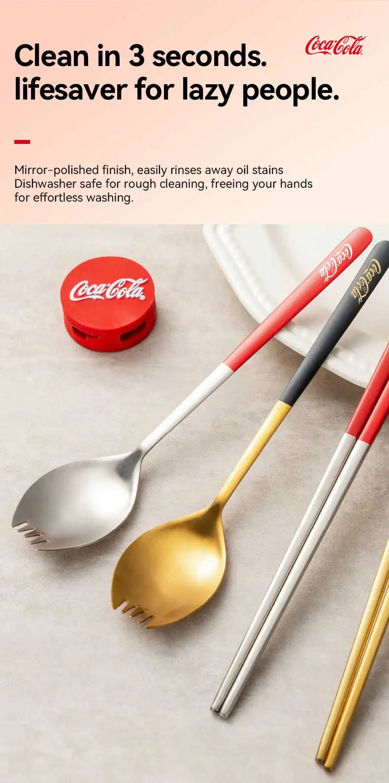 Set di posate portatili Coca Cola in acciaio inossidabile 304, forchetta e cucchiaio da viaggio con custodia per campeggio, picnic, cucina all'aperto, idea regalo