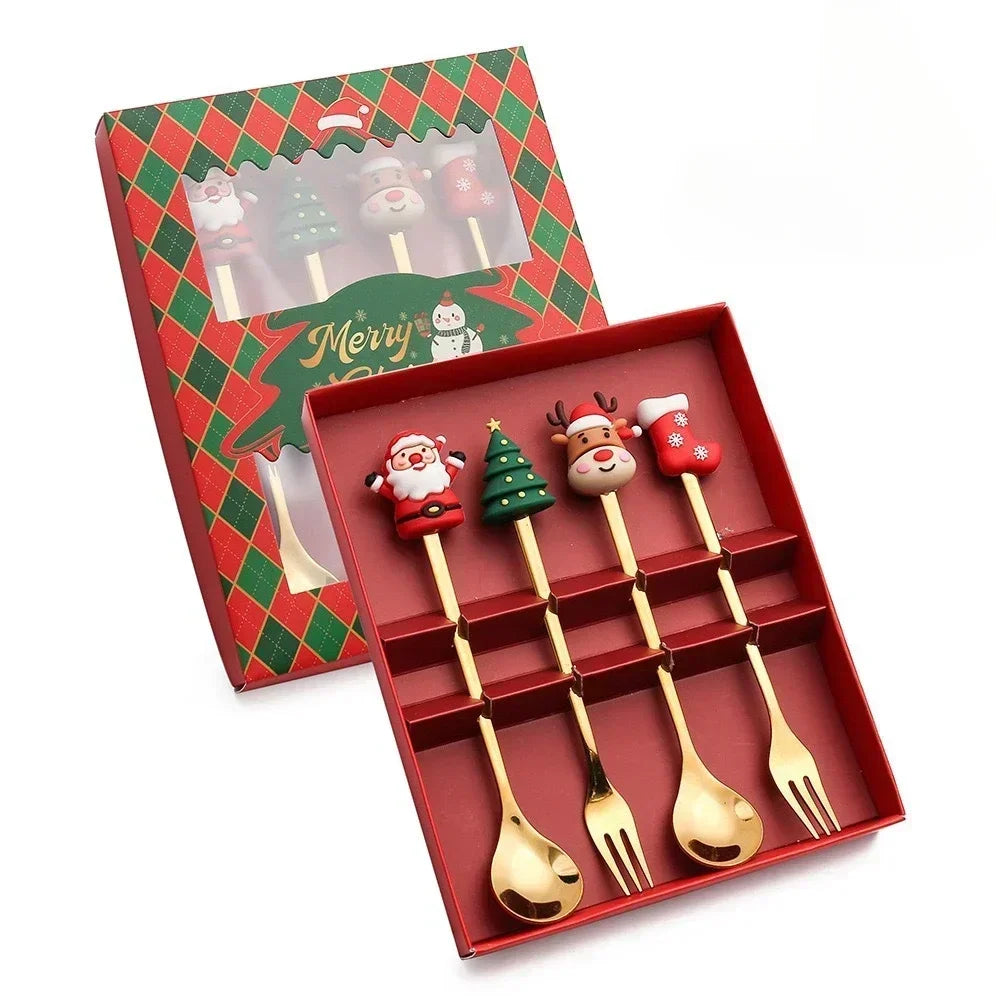 Set cucchiaio e forchetta natalizio in acciaio inossidabile caffè tè utensili da dessert confezione regalo design albero di Babbo Natale facile da pulire 6/4/2/1PZ