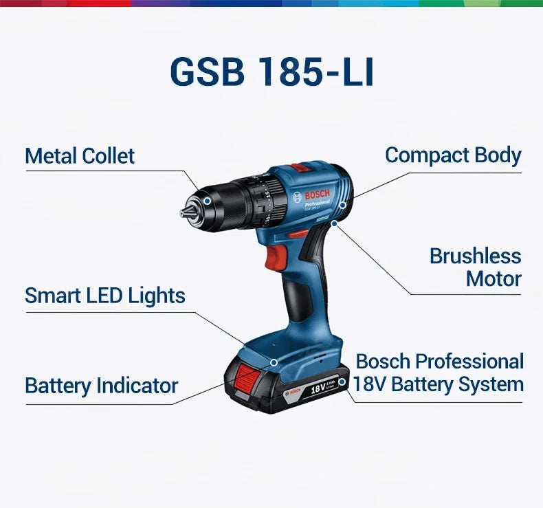 BOSCH GSB 185-LI Trapano avvitatore a percussione senza fili Brushless 18V, Avvitatore elettrico multifunzione, Utensili elettrici GSB185-LI
