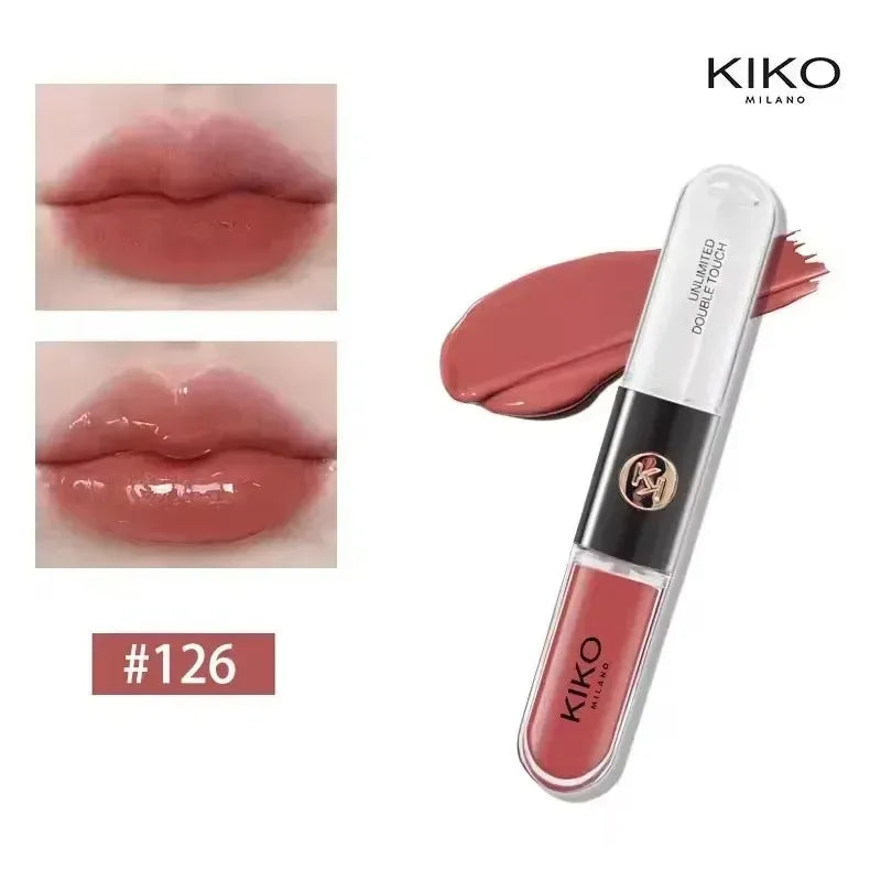 Rossetto Liquido KIKO Unlimited Double Touch, Lunga Durata, Non Sbiadisce, Non Appiccica, Lucidalabbra Volumizzante, Tonalità Milk Tea Bean Paste, Trucco Naturale