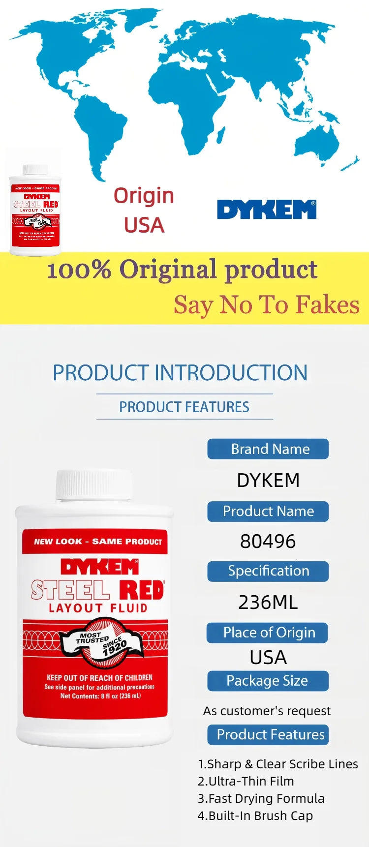 DYKEM 80496 Rosso Acciaio Fluido per Marcatura Metallo, Inchiostro a Rapida Asciugatura per Utensili CNC 8oz 236ml