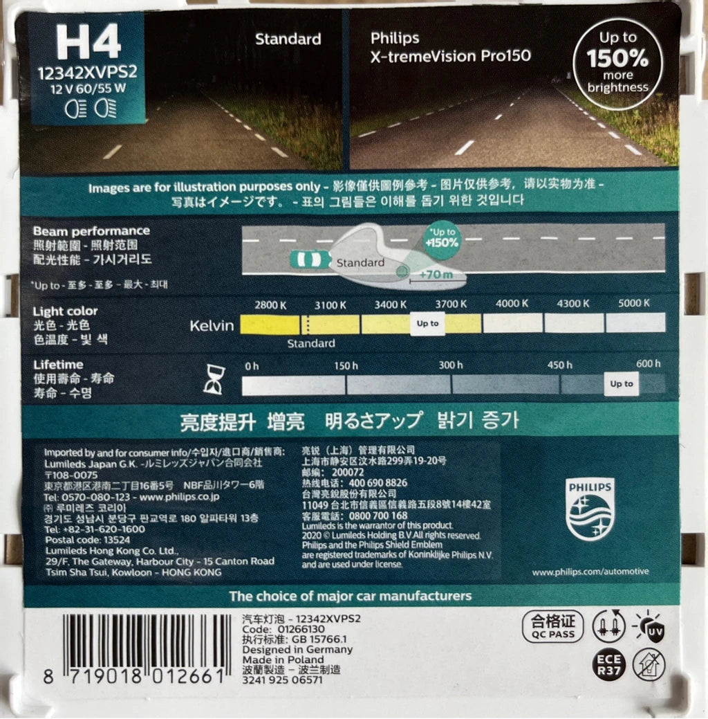 Philips H7 H4 12V 55W Faro alogeno Fino al 150% 200% Altro luminosità Lampadine originali per auto