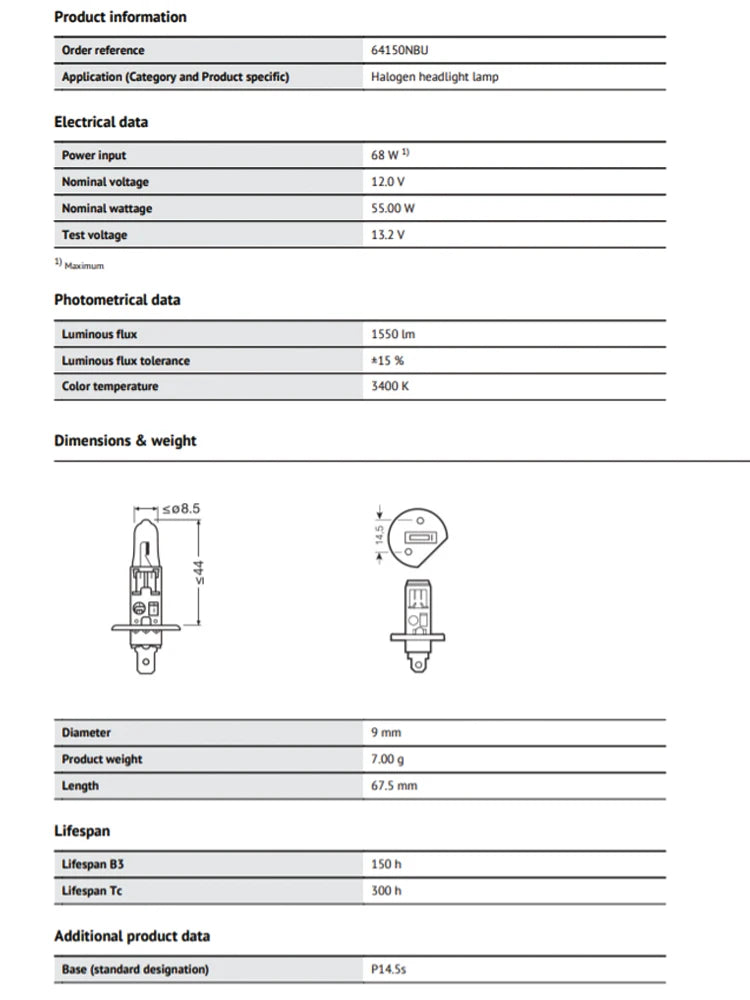 OSRAM H1 NIGHT BREAKER UNLIMITED 12V 55W Lampadina per Fari e Fendinebbia Auto 64150NBU 20% Più Bianca, Fascio Luminoso 40m Più Lungo, 110% Più Luminosa