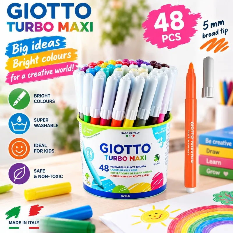GIOTTO Set da 48 Pennarelli Lavabili con Punta in Feltro Turbo Maxi 5mm, Pennarelli Jumbo per Bambini, Scuola, Casa, Disegno, Colorazione, Set Artistico Creativo