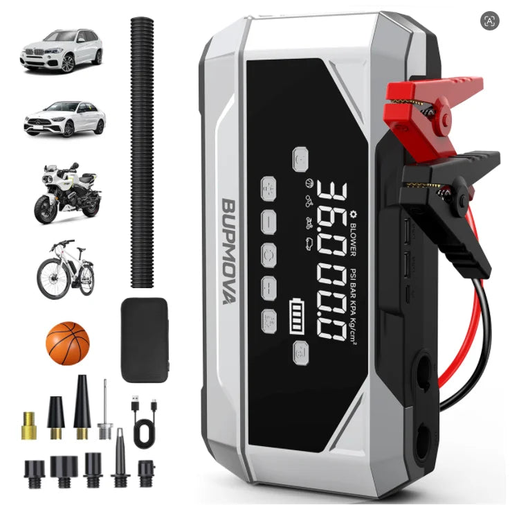 Avviatore di Emergenza Portatile per Auto 1500A, Compressore d'Aria 150PSI 26800mAh/21800mAh, Power Bank con Pompa d'Aria per Gonfiaggio Pneumatici, Avviatore di Emergenza per Auto, Avvia Rapidamente l'Auto, Ingresso/Uscita U