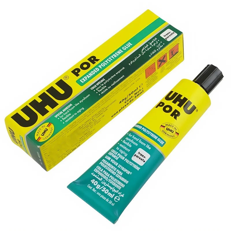 Colla Originale UHU POR per Polistirolo, Adesivo Trasparente Flessibile per Modellini di Aerei RC e Fai-da-Te, 50ML