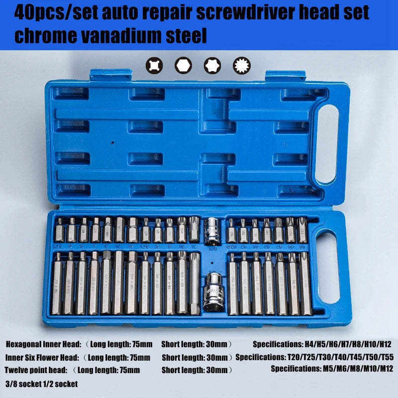 40 pezzi Torx Star Spline Set di punte a esagono incassato Kit di strumenti Cacciavite di precisione Bit Attrezzatura per garage Strumenti di riparazione professionali per auto