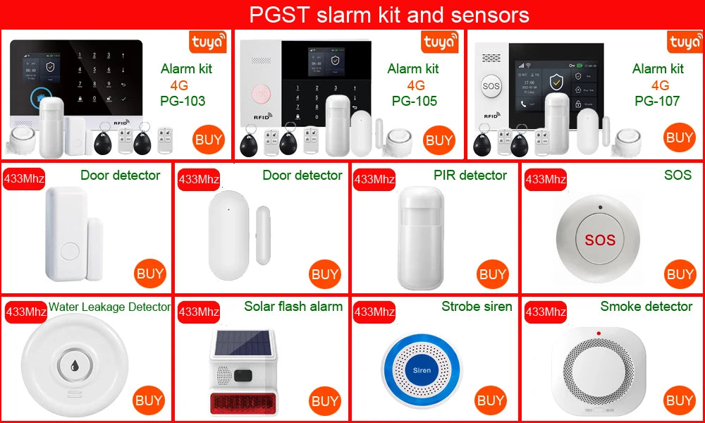 Sistema di allarme domestico PGST, 4G, WIFI, GSM, allarme di sicurezza, antifurto con sensore di movimento per porte, controllo tramite l'app Tuya Smart, compatibile con
