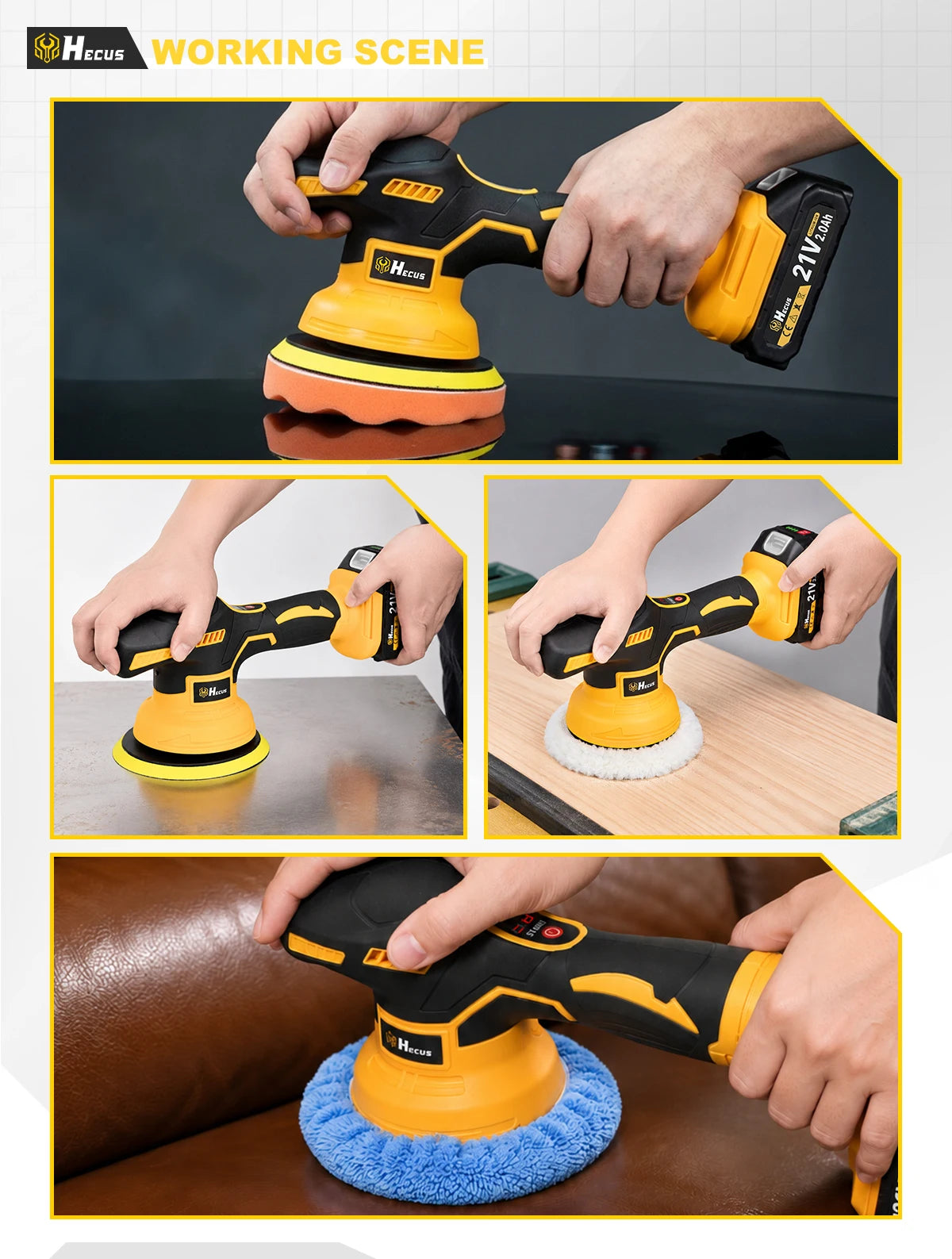 Lucidatrice Elettrica per Auto Hecus 9 Velocità, Senza Fili, con Display Digitale, Utensile Rotante per Lucidatura e Ceratura, Compatibile con Batteria Makita 18V