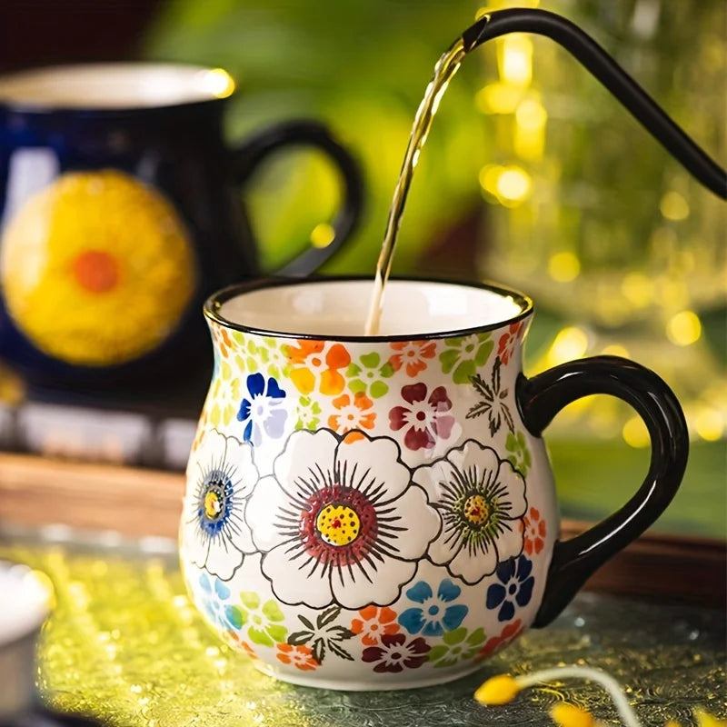 Tazza in Ceramica Stile Ceramica Polacca a Bocca Larga, Tazza con Motivo Floreale Dipinto a Mano, Tazza di Grande Capacità per Caffè, Tè e Latte