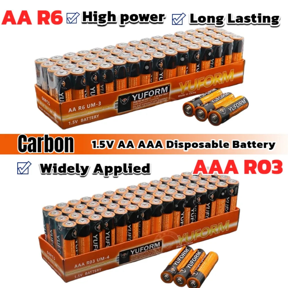 Batterie al carbonio zinco AA AAA da 1,5 V, confezione da 40 all'ingrosso per giocattoli, orologi, telecomandi, alimentazione di lunga durata, a prova di perdite