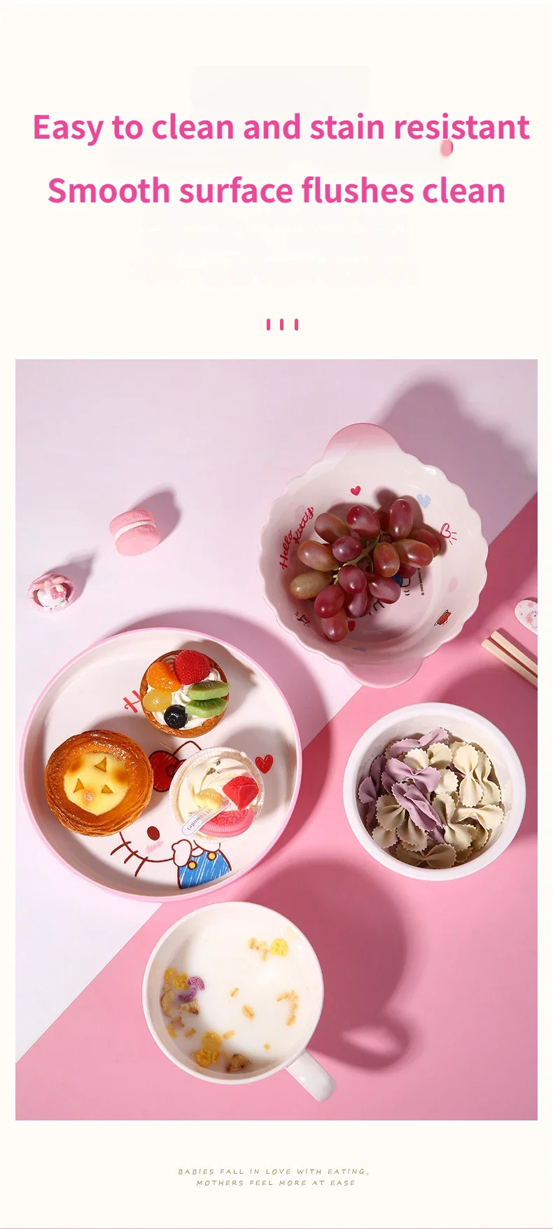 WUHE Set di Stoviglie per Bambini Hello Kitty, Ciotole e Piatti in Melamina, Design Cartoon per Ragazze, Senza BPA, Infrangibile, Lavabile in Lavastoviglie