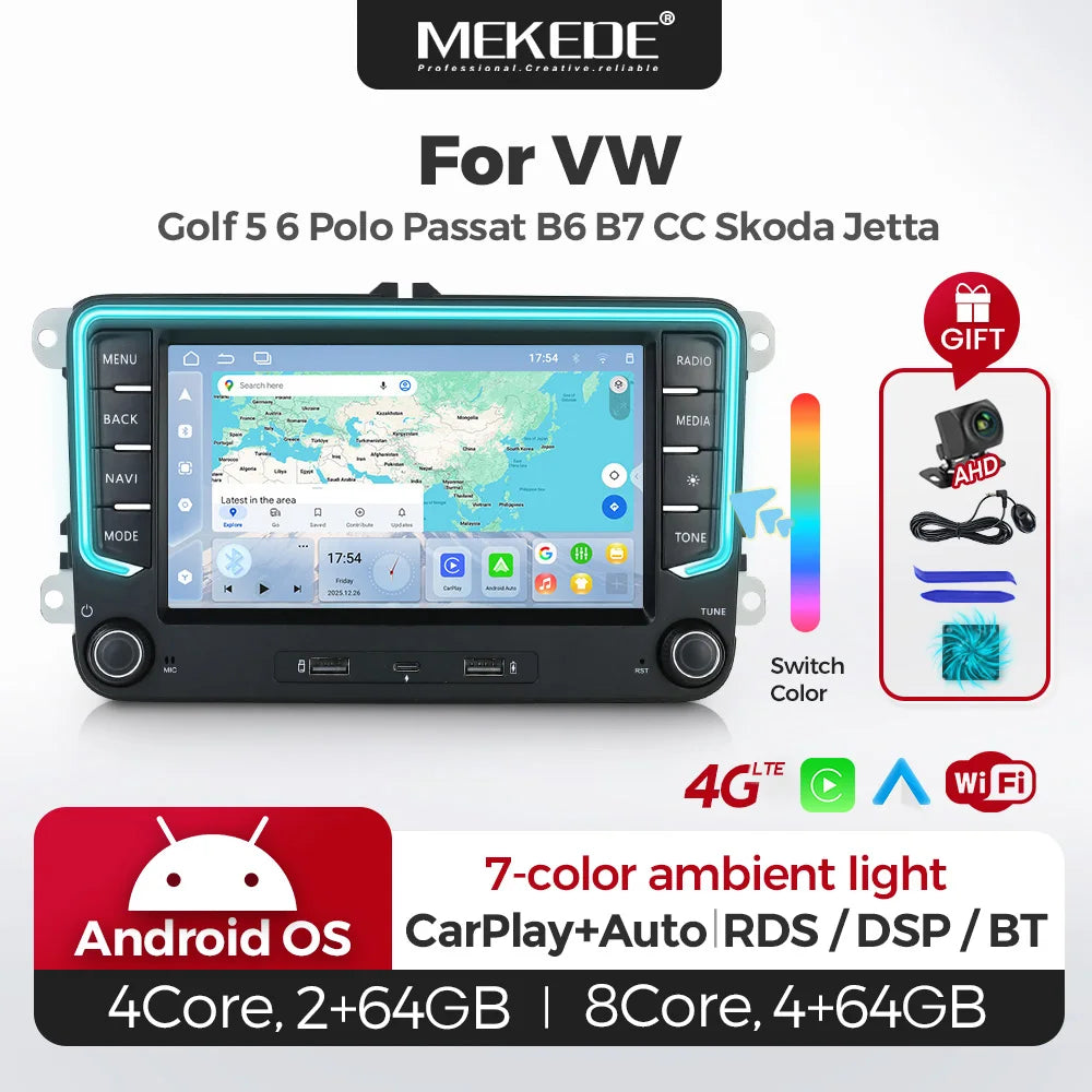 MEKEDE Android 15 Wireless CarPlay Auto Car Multimedia Player per VW Golf Passat Polo EOS T5 Skoda Combi 4G WiFi Luce Ambientale