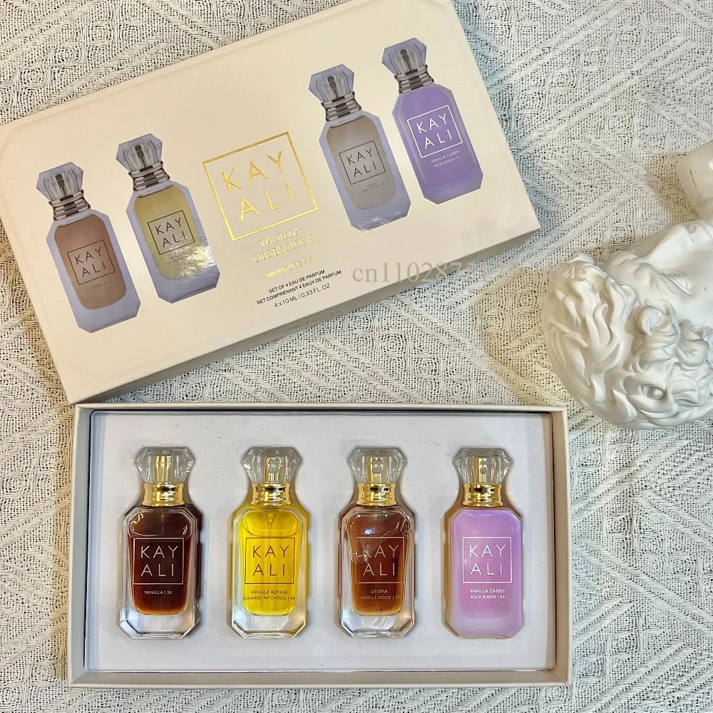 KAYALI Set di 4 Mini Profumi da 10ml, Fragranze Vaniglia, Oud, Floreali, Fruttate, Orientali, Lunga Durata, Unisex, Eau De Parfum, Set da Viaggio di Lusso