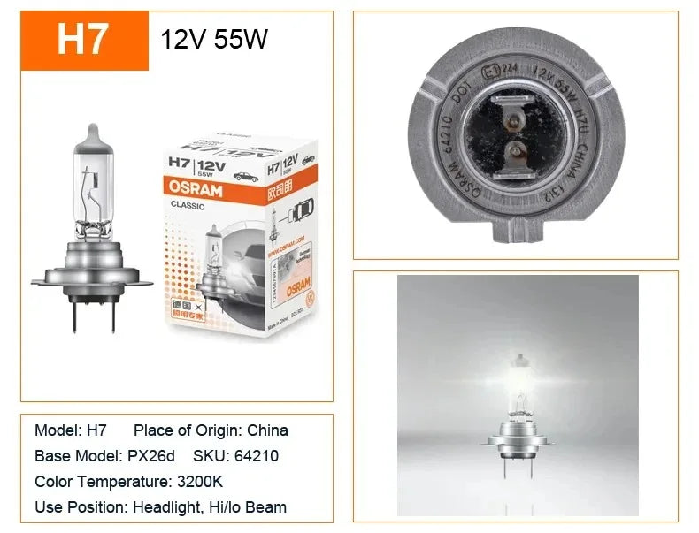 OSRAM 2 pz CLASSIC H7 12 V 55 W PX26d Auto Alogena Testa Luce Standard Auto Lampadine 3200 K Lampade Originali Qualità OEM 64210, Coppia