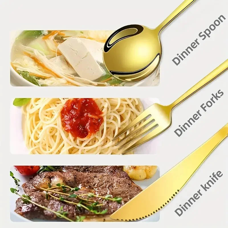 Set di posate dorate da 30 pezzi in acciaio inossidabile, coltelli, forchette, cucchiai, set di stoviglie per banchetti, ristoranti e ospiti