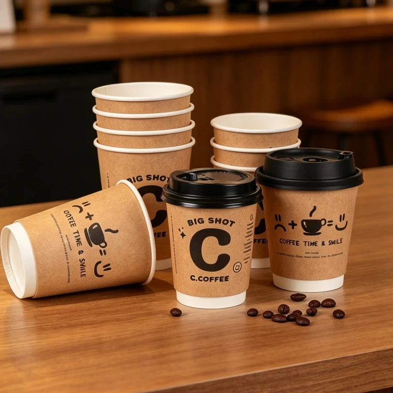 50 bicchieri di carta kraft usa e getta da 8/10/14oz, a doppia parete, isolati, per caffรจ, tรจ, latte e succhi, ideali per caffetterie e negozi.