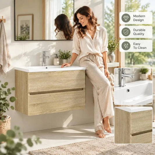 Set da bagno da parete con lavabo in ceramica e mobile in legno, unità di stoccaggio salvaspazio, design moderno per piccoli bagni e toilette.