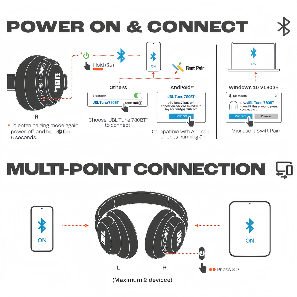 Cuffie wireless JBL Tune 730BT, dotate di tecnologia avanzata di cancellazione del rumore, leggere, pieghevoli, cuffie Bluetooth.