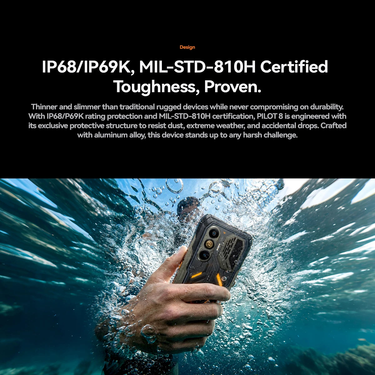 Blackview OSCAIL PILOT 8 Smartphone Robusto Progettato per le Estreme Condizioni, Qualcomm QCM6690 Octa-core, 48GB (12+36) RAM+256 ROM 5G WiFi7 BT6.0, 6.83" 120Hz, 10000mAh 55W, IP68 IP69K MIL-STD-810H, Fotocamera a Visione N