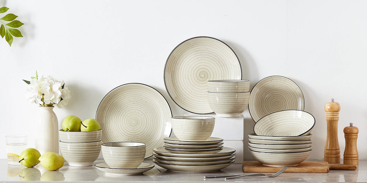 vancasso 24/48 pezzi piatti Beige set da pranzo set di stoviglie in ceramica spirale dipinta a mano con 6 piatti per la cena/Dessert/zuppa/ciotola