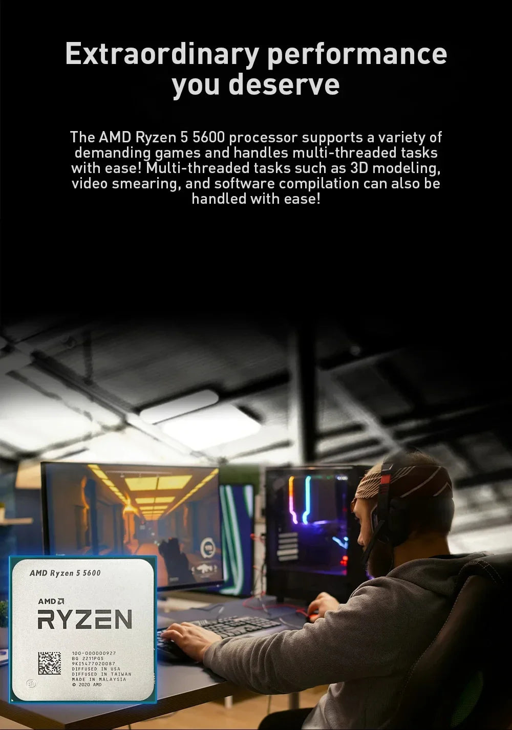 Processore Desktop AMD Ryzen 5 5600, 6C/12T, 4.4GHz, 32MB Cache, AM4, Senza Dissipatore Incluso