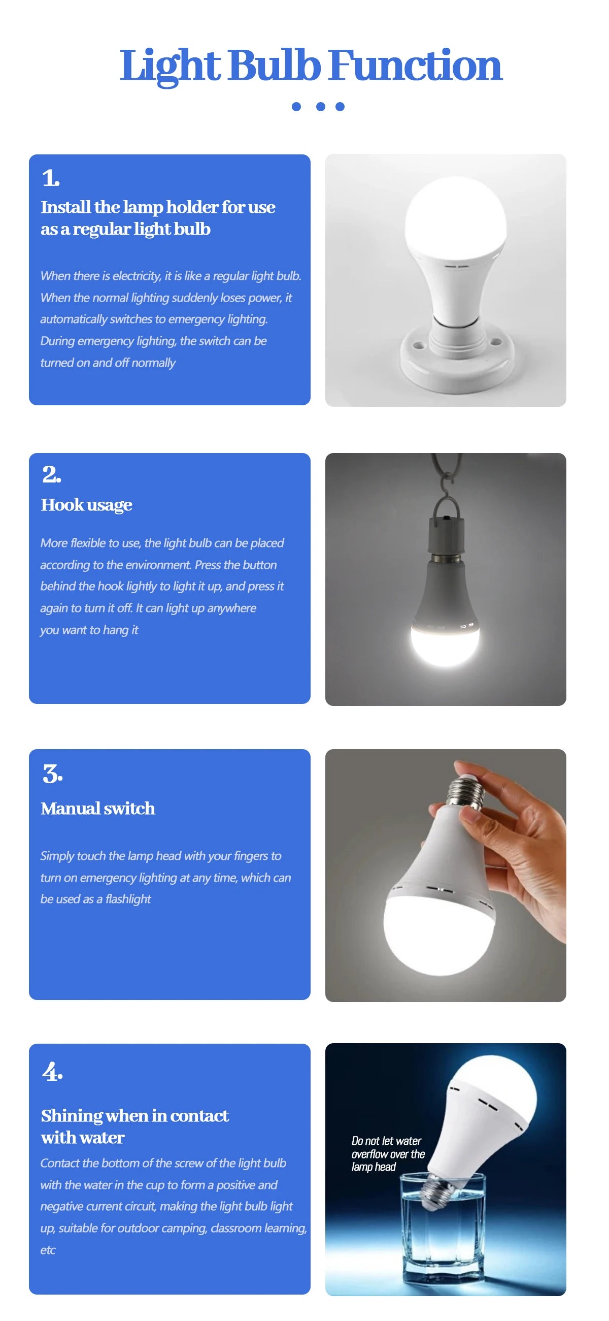 Lampadina LED ricaricabile E27 7W 1500mAh 220V 110V Lampadina di emergenza per alimentazione domestica Lampada da giardino per portico da campeggio in guasto all'aperto