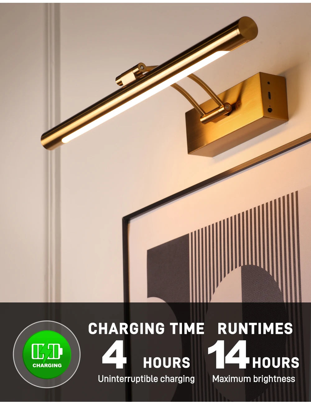 SEEDIQ Lampada da parete a LED ricaricabile in bronzo 4400mAh Batteria a lunga durata 40CM Luce per immagini wireless con telecomando per opere d'arte