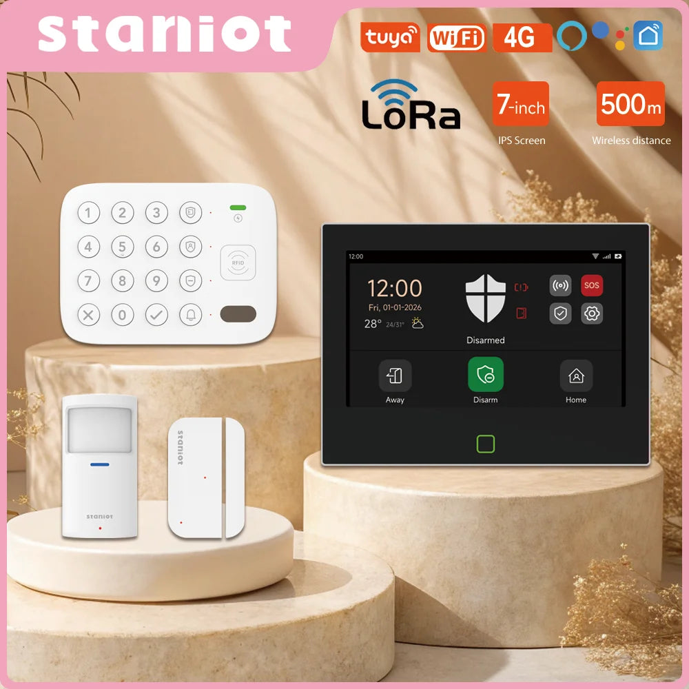 Kit di Allarme Antifurto Staniot 7 Pollici LoRa WiFi 4G Tuya Smart Home, Sistema di Sicurezza Domestica 5000mAh Compatibile con Alexa