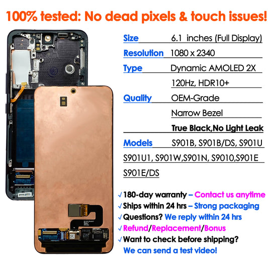 OEM Dinamico AMOLED Per Samsung Galaxy S22 Display Sostituzione Dello Schermo 120Hz S901B S901B/DS LCD Touch Digitizer Assembly All'ingrosso