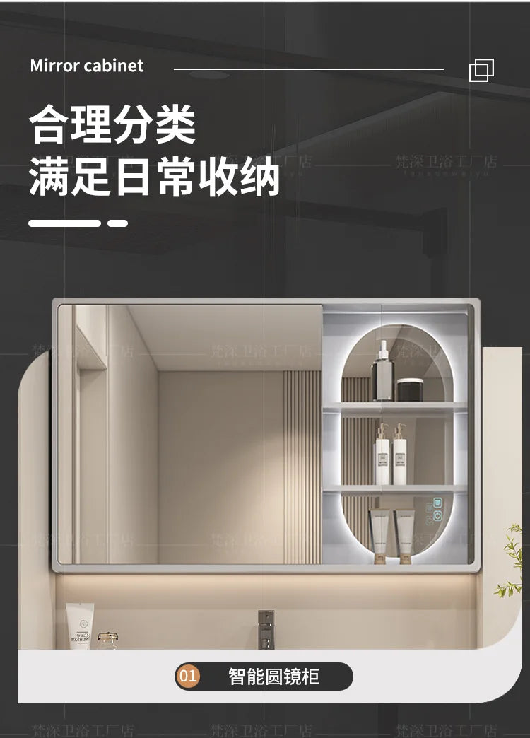 Mobile Bagno Moderno Intelligente con Lavabo Integrato in Ceramica, Armadietti in Rovere, Specchio LED e Mobiletto - Arredamento Bagno