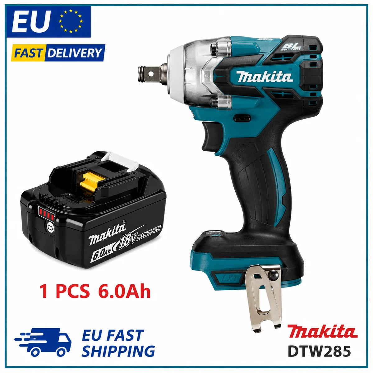 Makita DTW285 Avvitatore a Impulsi 18V 320N·m Senza Spazzole Senza Fili + Batteria 6.0Ah Utensile Elettrico ad Alta Coppia Disponibilità EU Spedizione 1-3 Giorni