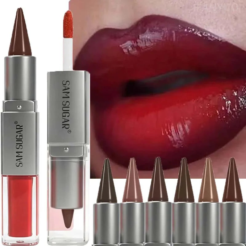 Matita Labbra 2-in-1 Sfumata Marrone Nude con Lucidalabbra Effetto Specchio e Contorno Labbra Opaco Impermeabile per Trucco