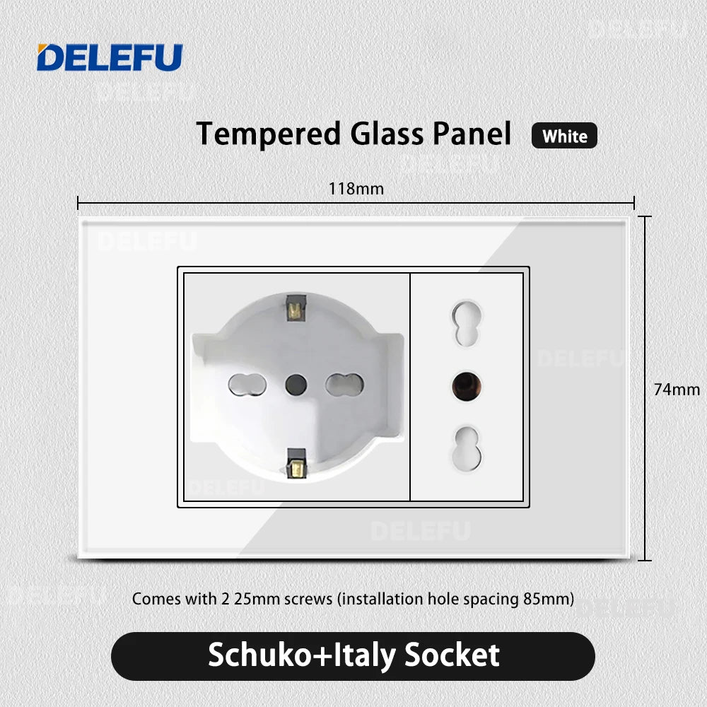 DELEFU Presa a Muro in Vetro Temperato Bianco Italia USB Tipo C Ricarica Rapida Interruttore Schuko TV Satellitare Citofono Cile