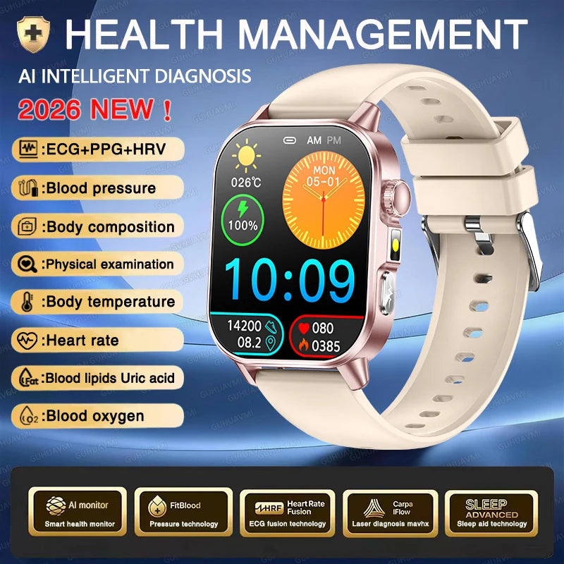 Nuovo Smartwatch per Uomo con Diagnosi ECG Accurata, Misurazione di Pressione Sanguigna, Ossigeno nel Sangue, Grasso nel Sangue, Acido Urico, Temperatura, Chiamate Bluetooth