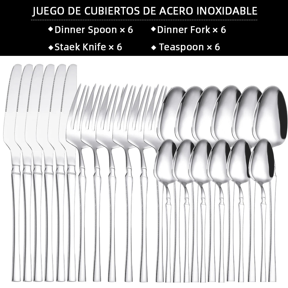 Set di posate da 24 pezzi in acciaio inox, coltelli, forchette, cucchiaini da caffรจ, stoviglie lavabili in lavastoviglie.