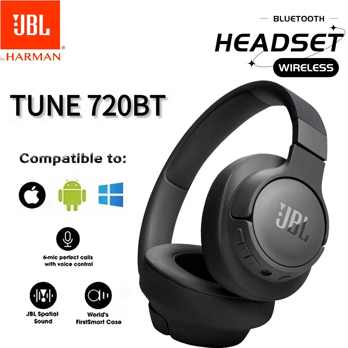 Cuffie wireless JBL Tune 720BT, modello on-ear, con tecnologia Bluetooth 5.0, cancellazione del rumore, ideali per il gaming e lo sport, con funzione vivavoce, 720 BT.