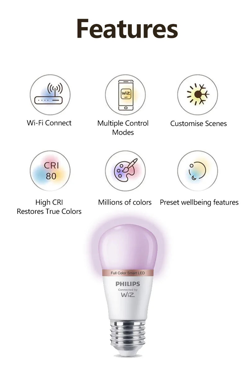 Philips WiZ 4.9W E27 P45 Wi-Fi e Bluetooth LED Smart Mini Ball Lampadina 220-240V 16 milioni di luci a colori smerigliate dimmerabili