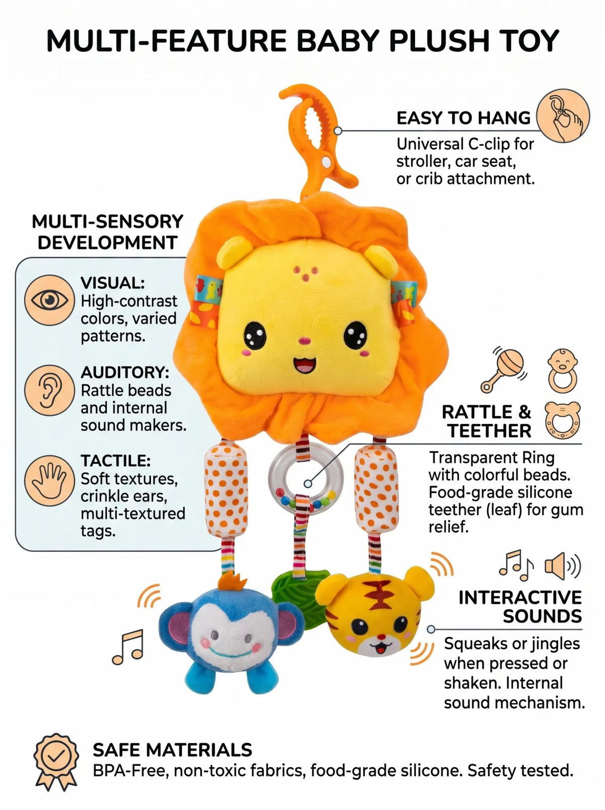 Giocattolo di Peluche per Neonati con Sonaglio e Sottoposto a Pressione per lo Sviluppo Multi-Sensoriale del Bambino 0-12 Mesi, Regalo Perfetto per Neonati per Culla e Seggiolino Auto