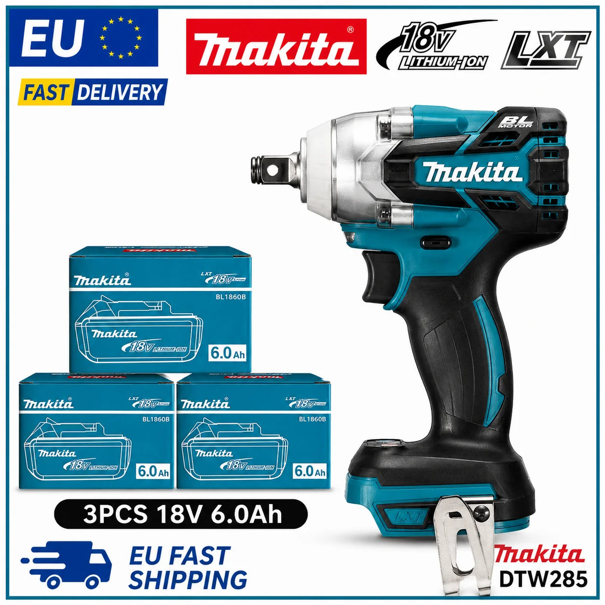 Makita DTW285 Avvitatore a Impulsi 18V 320N·m Senza Spazzole Senza Fili + Batteria 6.0Ah Utensile Elettrico ad Alta Coppia Disponibilità EU Spedizione 1-3 Giorni