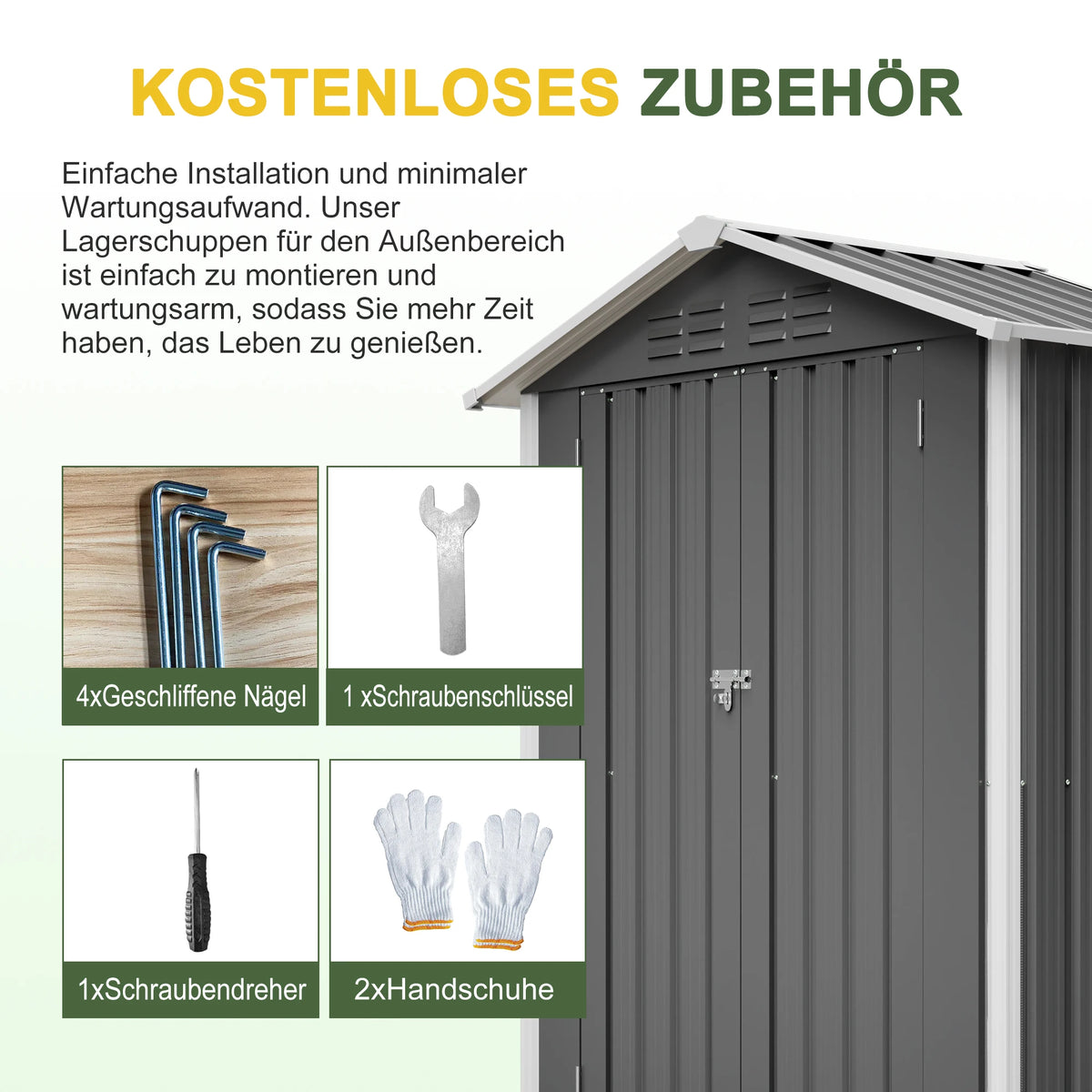 Casetta da Giardino in Metallo 5x2.6FT, Mini Capanno Multiuso per Esterni con Base e Porta Chiudibile a Chiave per Attrezzi, Cuccia per Animali, Bidone della Spazzatura, Cortile