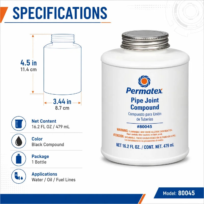 Permatex 80045 Sigillante per Giunti di Tubi Resistente al Calore per Linee di Acqua, Olio e Carburante Non Indurente 479mL