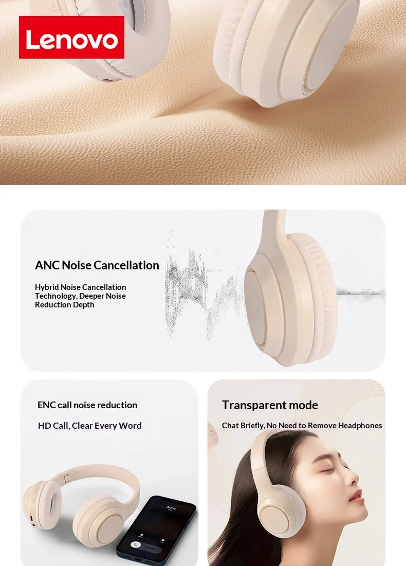 Nuove Cuffie Pieghevoli Wireless Lenovo Over-ear Bluetooth 5.3, Auricolari per Giochi, Cuffie Sportive con Microfono, Auricolari Musicali