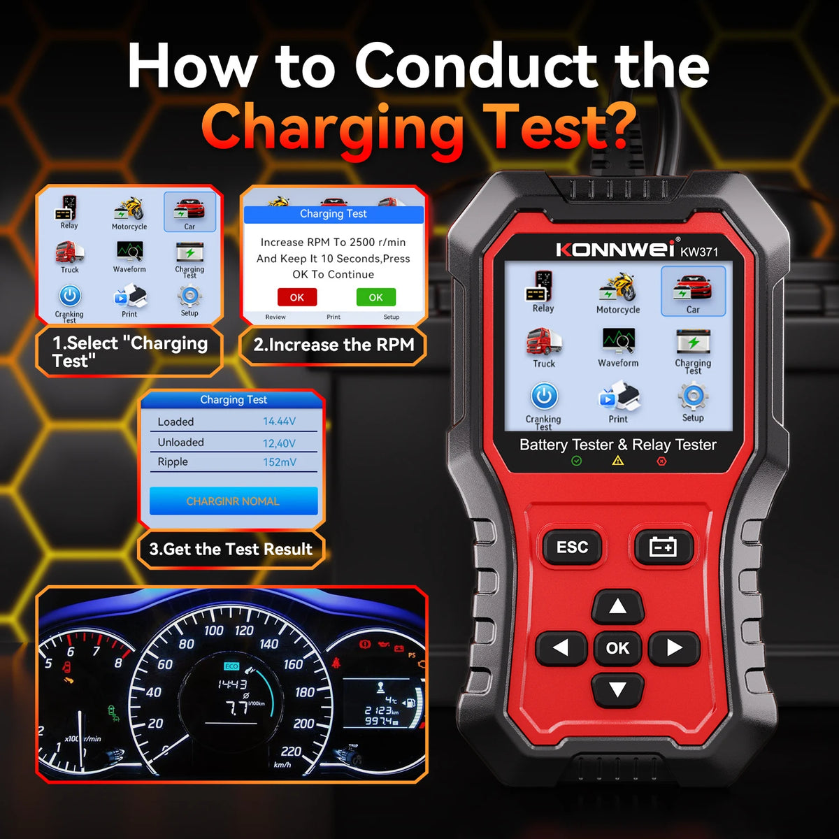 Tester Batteria Auto 2in1 KONNWEI KW371 2026 e Tester Relè a 4 Pin 5 Pin 6V 12V 24V con Stampa Dati Guasto, Test Avvio e Strumento di Scansione Ricarica