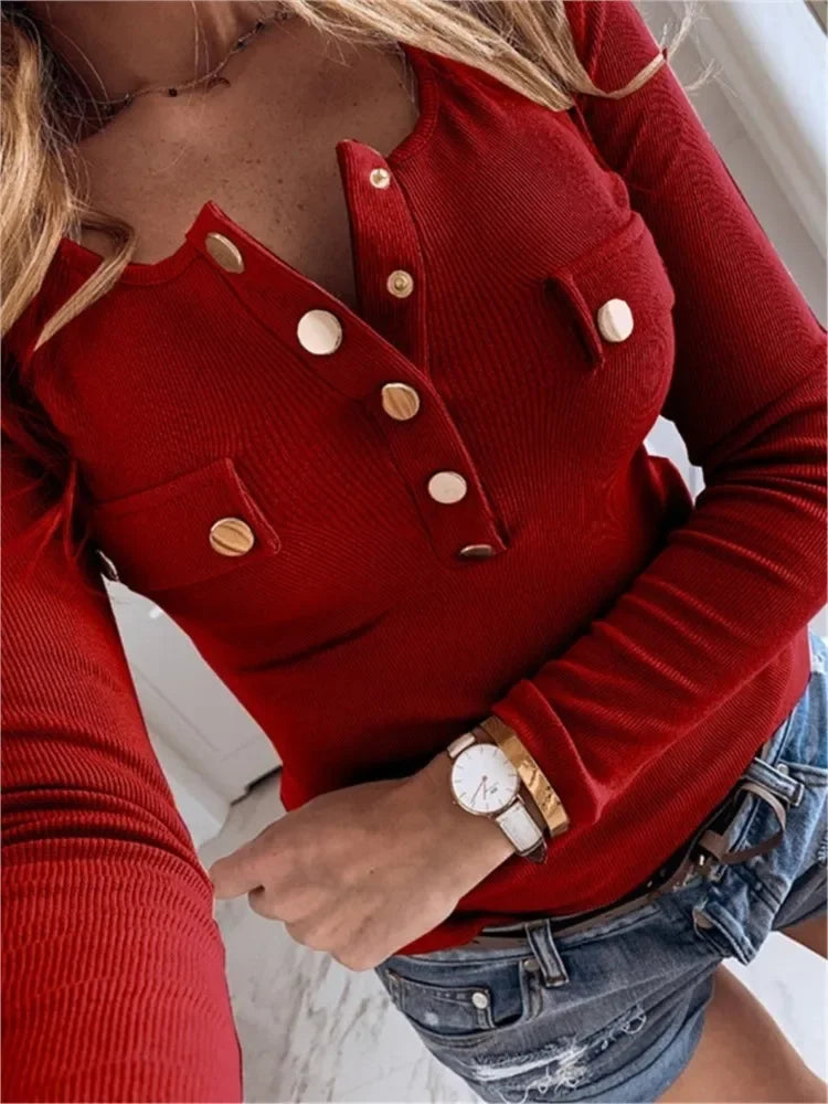 Maglia a maniche lunghe da donna per l'autunno, top alla moda con scollo semi rotondo e bottoni, tinta unita, casual, versatile, ideale come capo base.